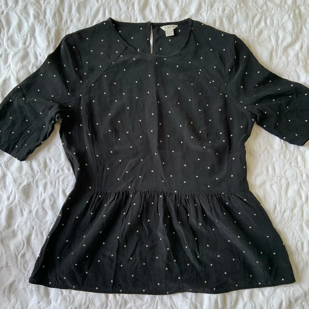 Fossil Black Top with White Polka Dots - Picture 1 of 5